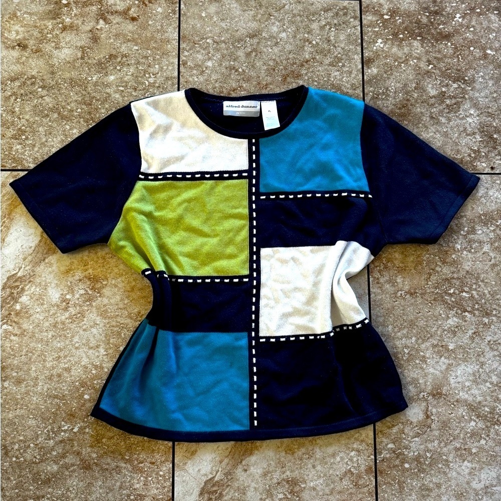Alfred Dunner Navy and Teal Color Block Top